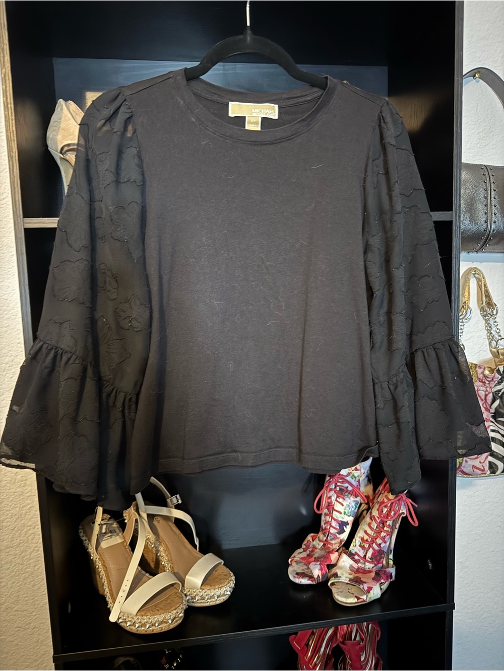 Michael Kors Black Bell-Sleeve Crewneck Top